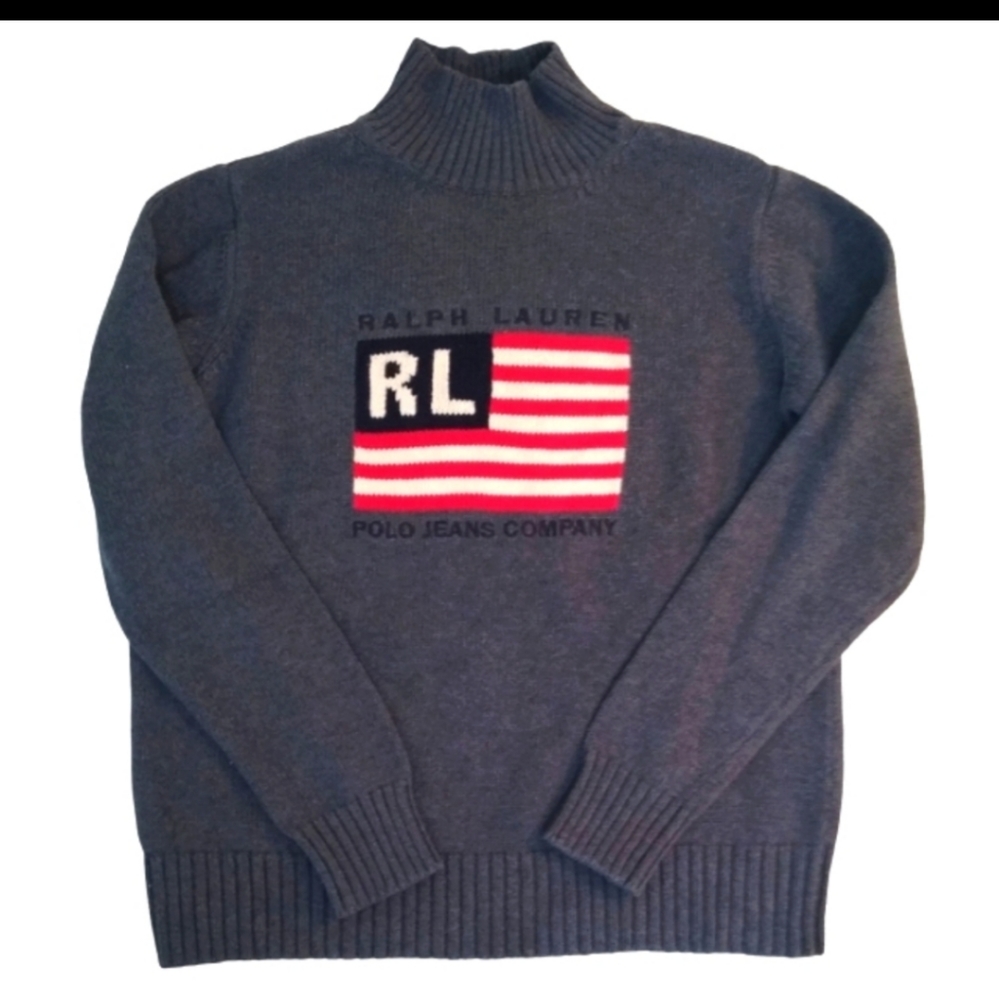 Vintage Ralph Lauren Polo Jeans Gray Sweater with Flag Logo